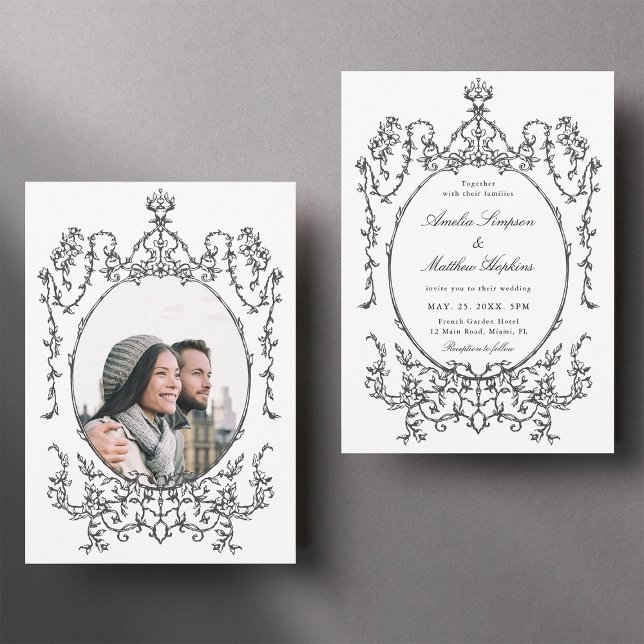 Invitation Cadre floral classique Photo Mariage noir et blanc (Front & Back)