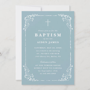 Invitation Cadre Floral Classique Poussiéreux Bleu Baptême