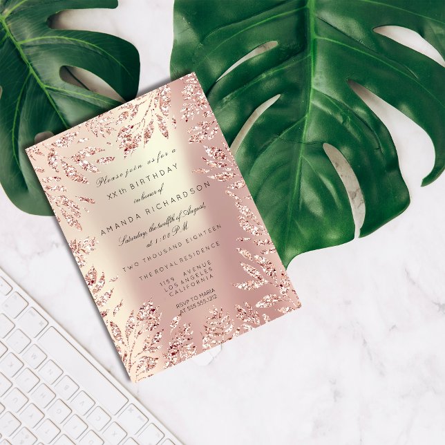 Invitation Cadre floral de feuilles de paillettes or rose nac (Pink Rose Gold Glitter Leafs Floral Frame Pearly Invitation)