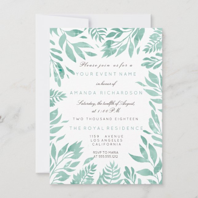 Invitation Cadre floral de feuilles vert menthe et paillettes (Devant)