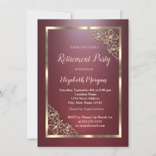 Invitation Cadre floral doré élégant pour retraite rouge