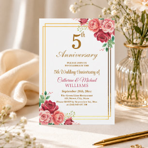 Invitation Cadre floral doré pour 5e anniversaire de mariage