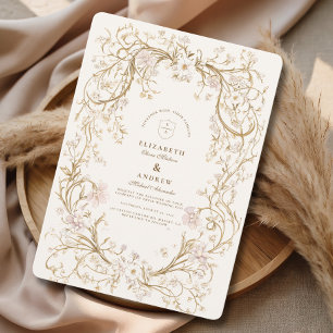 Invitation Cadre Floral Élégant en Or Mariage Romantique