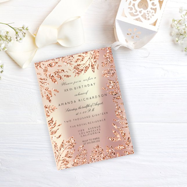 Invitation Cadre floral feuilles de strass doré rose perlé (Pink Rose Gold Glitter Leafs Floral Frame Pearly Invitation)