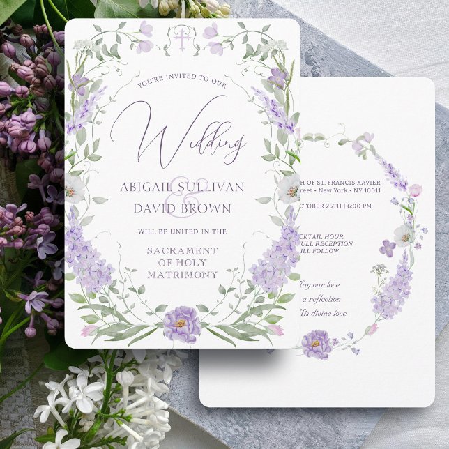 Invitation Cadre floral lilas lavande mariage catholique (Créateur téléchargé)