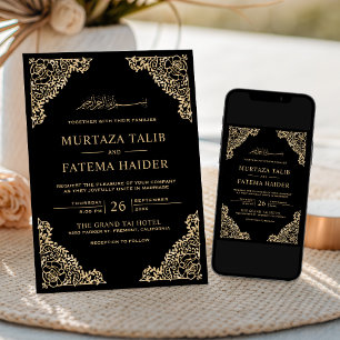 Invitation Cadre Floral Noir et Or Mariage Islamique Musulman
