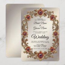Cadre Floral Or avec Mariage Pierre Rouge