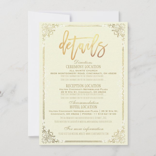 Invitation Cadre Floral Or Élégant Détail de Direction de Mar (Devant)