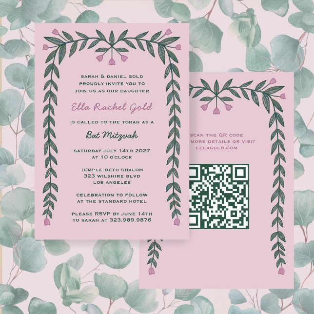 Invitation Cadre floral personnalisé QR Code Bat mitzvah fill (Floral Frame Custom QR Code Bat Mitzvah Girl Invitation
)