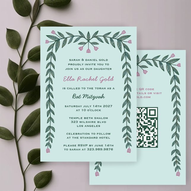 Invitation Cadre floral personnalisé QR Code Bat mitzvah fill (Floral Frame Custom QR Code Bat Mitzvah Girl Invitation
)