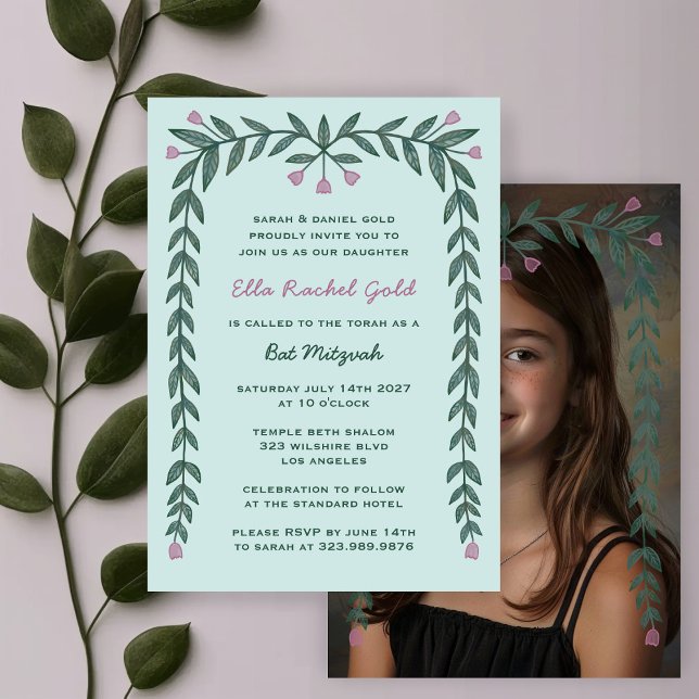 Invitation Cadre Floral Photo Bat mitzvah personnalisé fille (Floral Frame Custom Photo Bat Mitzvah Girl Invitation
)