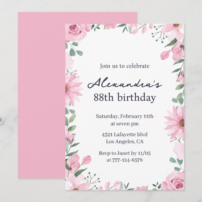 Invitation Cadre floral rose 88e anniversaire (Devant / Derrière)