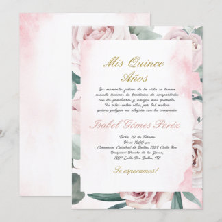 Invitation Cadre floral rose Quinceanera Espagnol