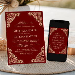 Invitation Cadre floral rouge et or Mariage islamique musulma