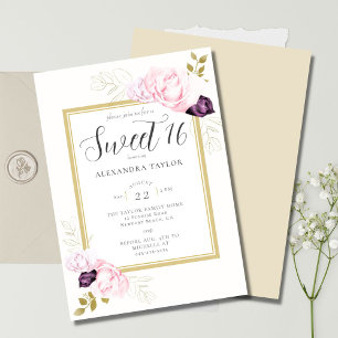 Invitation Cadre Floral Rustique Élégant Roses Or Douce 16