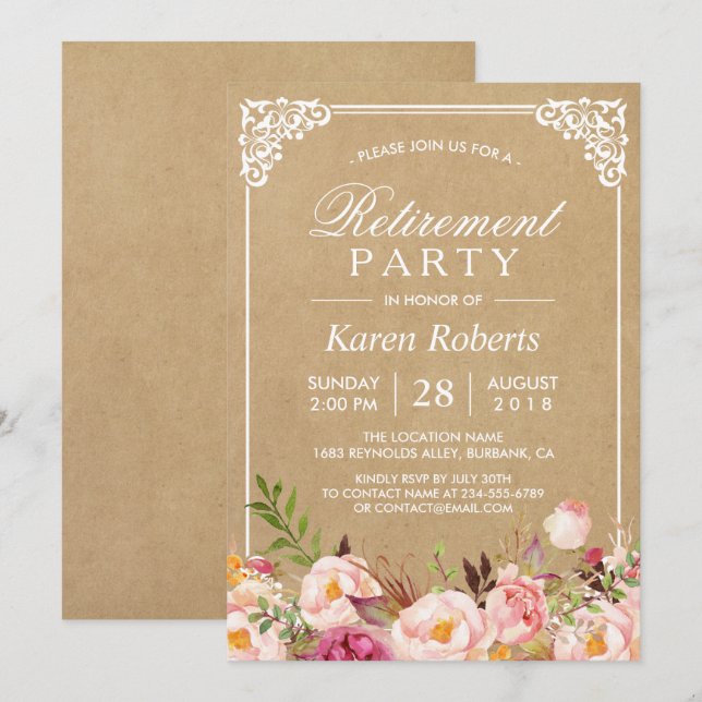Invitation Cadre Floral Rustique Kraft | Retraite (Devant / Derrière)