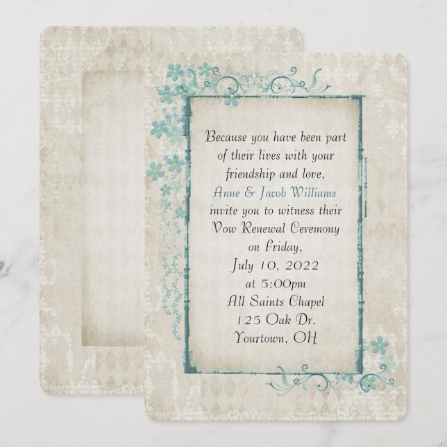 Invitation cadre floral turquoise antique pour Vow Renewal (Devant / Derrière)