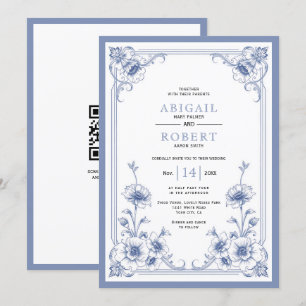 Invitation Cadre floral vintage bleu élégant mariage de code 