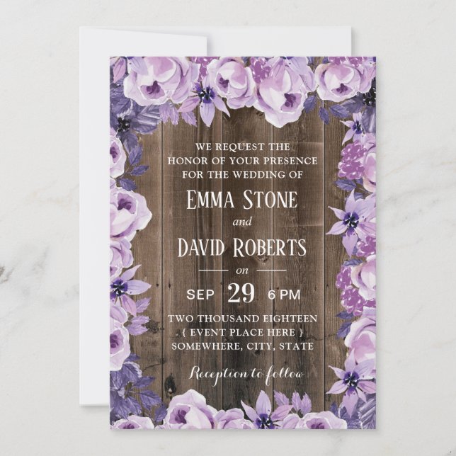 Invitation Cadre Floral Violet Rustique Élégant Mariage de gr (Devant)