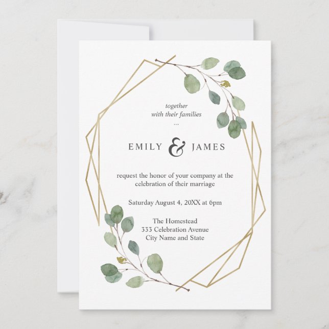 Invitation Cadre Geo Gold avec Mariage Eucalyptus Aquarelle (Devant)
