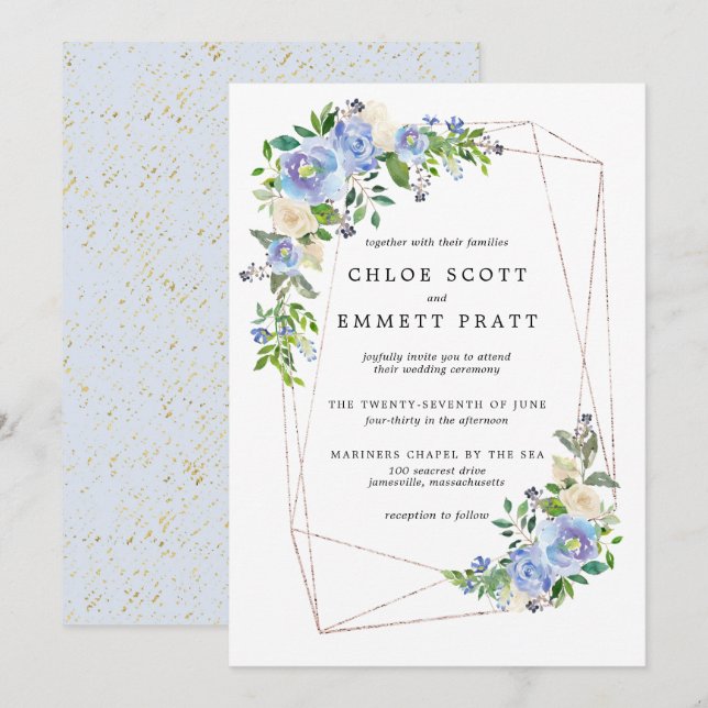 Invitation Cadre géométrique bleu Hydrangea Floral Or (Devant / Derrière)