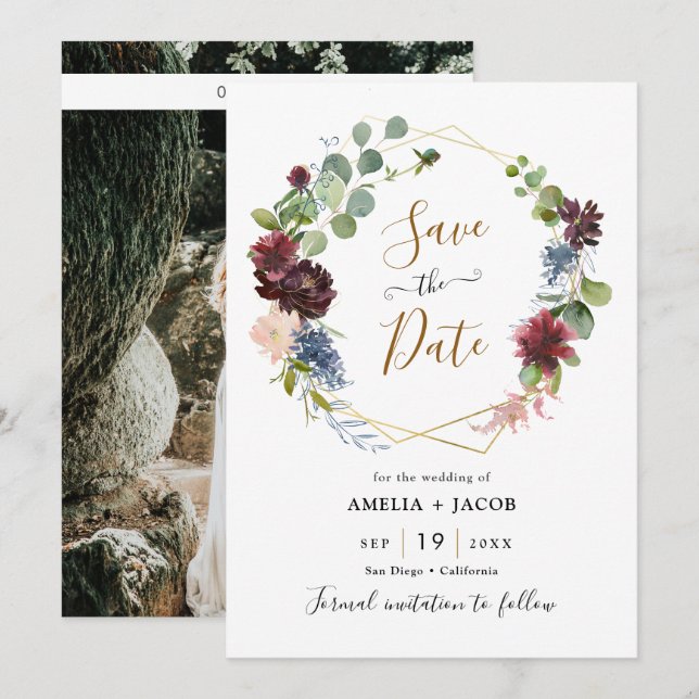 Invitation Cadre géométrique Bourgogne Marine Floral Enregist (Devant / Derrière)