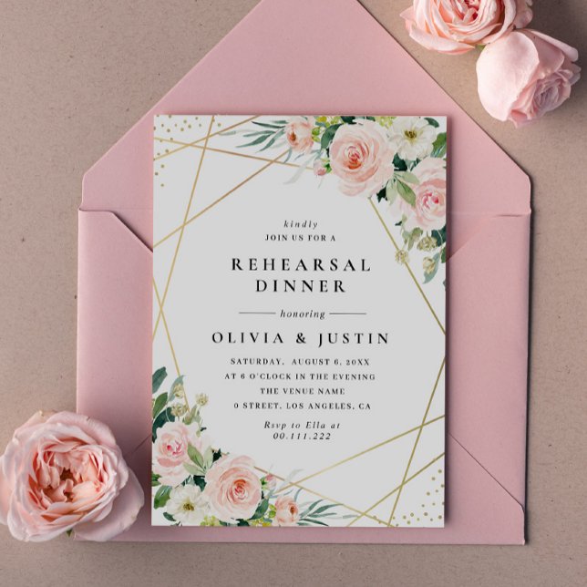 Invitation cadre géométrique dîner de répétition floral rose (Créateur téléchargé)