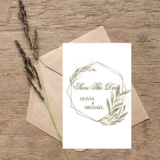 Invitation Cadre géométrique doré Eucalyptus Save The Date (Créateur téléchargé)