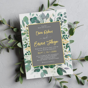 Invitation Cadre géométrique élégant feuillage, mariage gris
