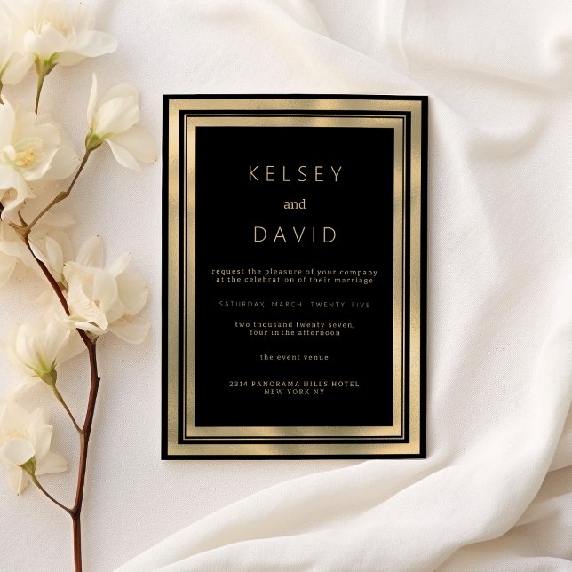 Invitation Cadre géométrique en or noir luxe mariage élégant (Luxury black gold geometric frame elegant wedding)