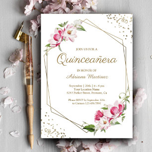 Invitation Cadre géométrique en or rose Floral Quinceanera