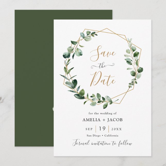 Invitation Cadre géométrique Eucalyptus vert Enregistrer la d (Devant / Derrière)