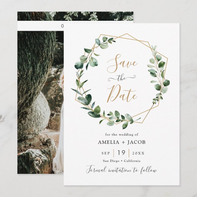 Invitation Cadre géométrique Eucalyptus vert Enregistrer la d (Devant / Derrière)