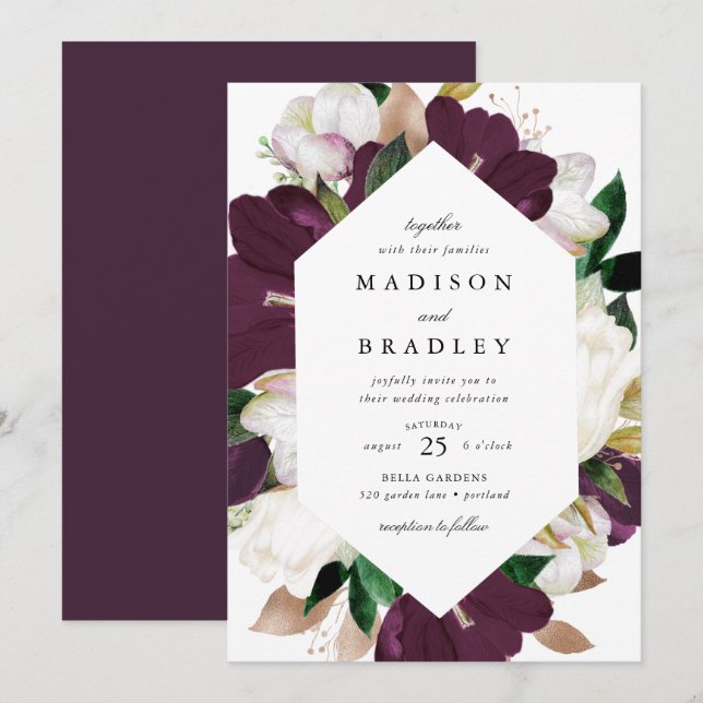 Invitation Cadre géométrique floral de prune foncée | MARIAGE (Devant / Derrière)