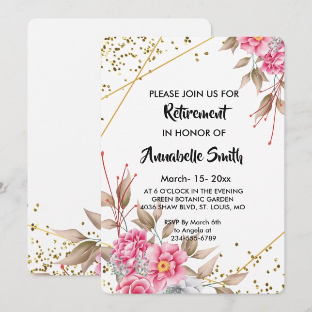Invitation Cadre géométrique Gold     Floral Retirement (Devant / Derrière)