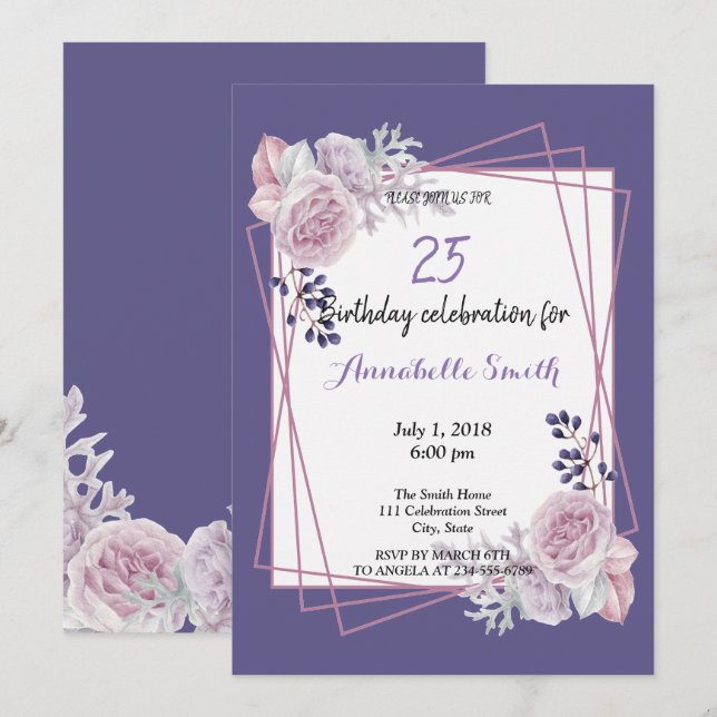 Invitation Cadre géométrique moderne violet Floral Anniversai (Devant / Derrière)