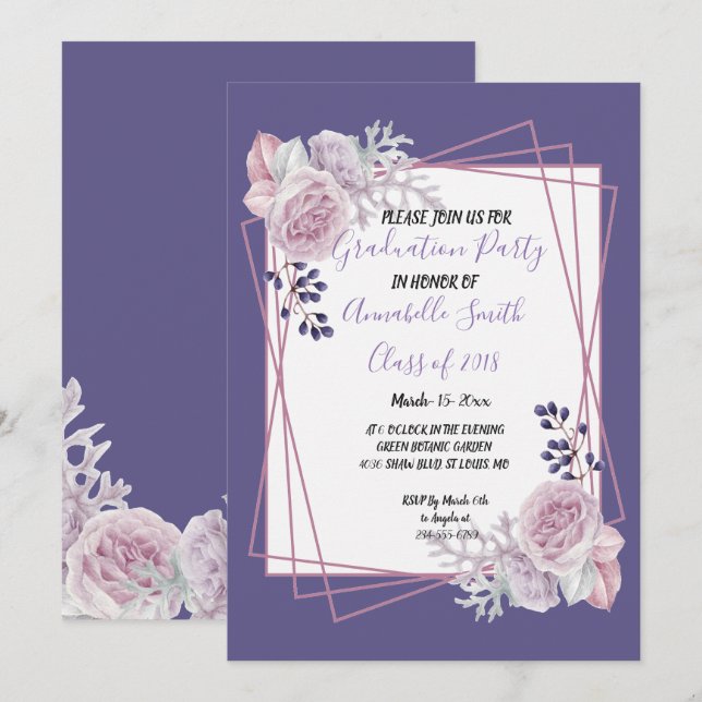 Invitation Cadre géométrique moderne violet Floral Graduation (Devant / Derrière)