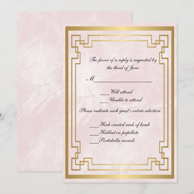 Invitation Cadre géométrique or Mariage en marbre rose (Devant / Derrière)