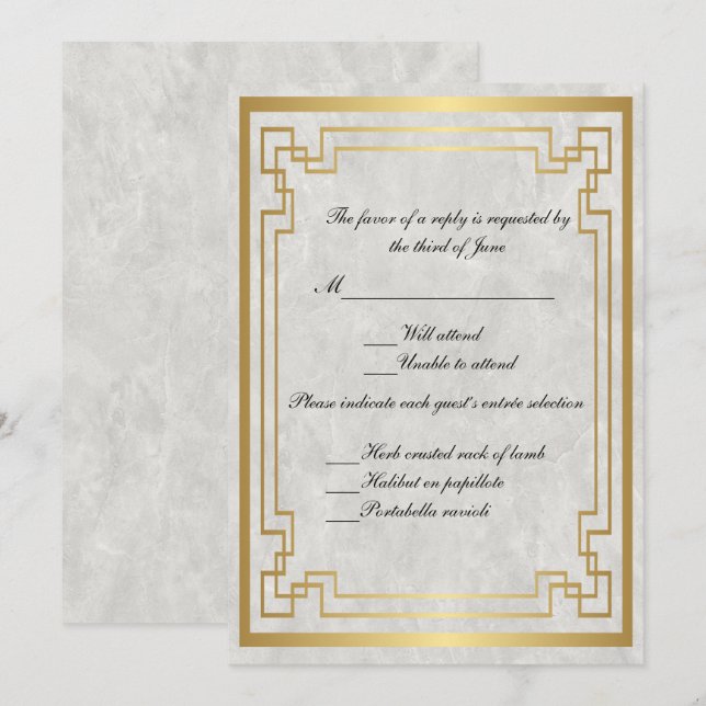 Invitation Cadre géométrique or mariage marbre blanc RSVP (Devant / Derrière)