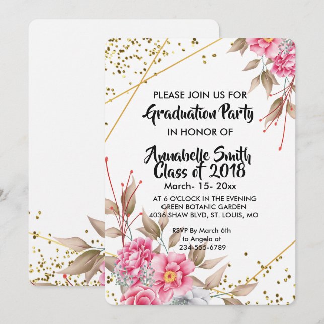 Invitation Cadre géométrique Or Rose Floral Graduation (Devant / Derrière)