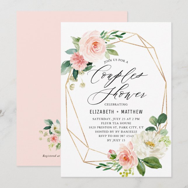 Invitation Cadre géométrique Or Rose Florals Couples Douche (Devant / Derrière)