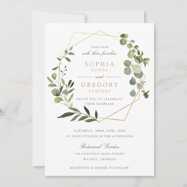 Invitation Cadre géométrique Or verdure Mariage élégant (Devant)