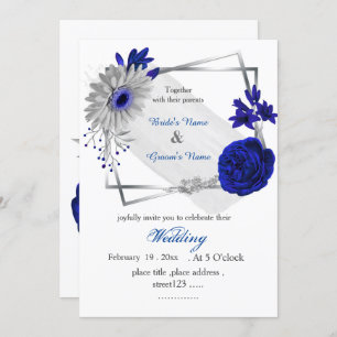 Invitation cadre géométrique royal bleu fleurs argent