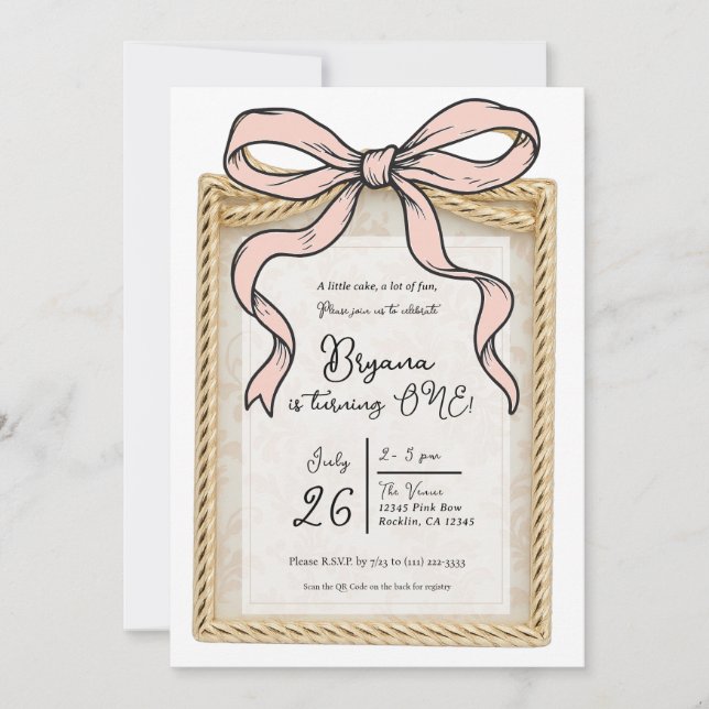 Invitation Cadre Gold Bow Bow Bow rose Bow 1er anniversaire (Devant)