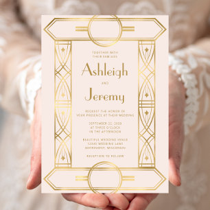 Invitation Cadre Gold Vintage Deco Rose Pâle Mariage