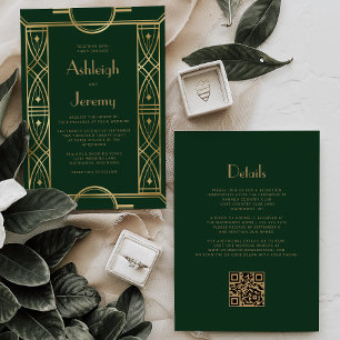 Invitation Cadre Gold Vintage Deco Vert Foncé Code QR Mariage