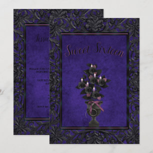 Invitation Cadre gothique bleu Rose noir et bougies sucré 16