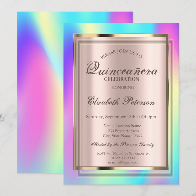 Invitation Cadre holographique couleur Ombre Quinceañera (Devant / Derrière)