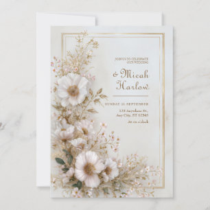 Invitation Cadre Ivoire Rose Pâle Or Fleur Aérienne Mariage