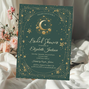 Invitation Cadre Lune Étoiles Florales Dorées Fête de Mariage